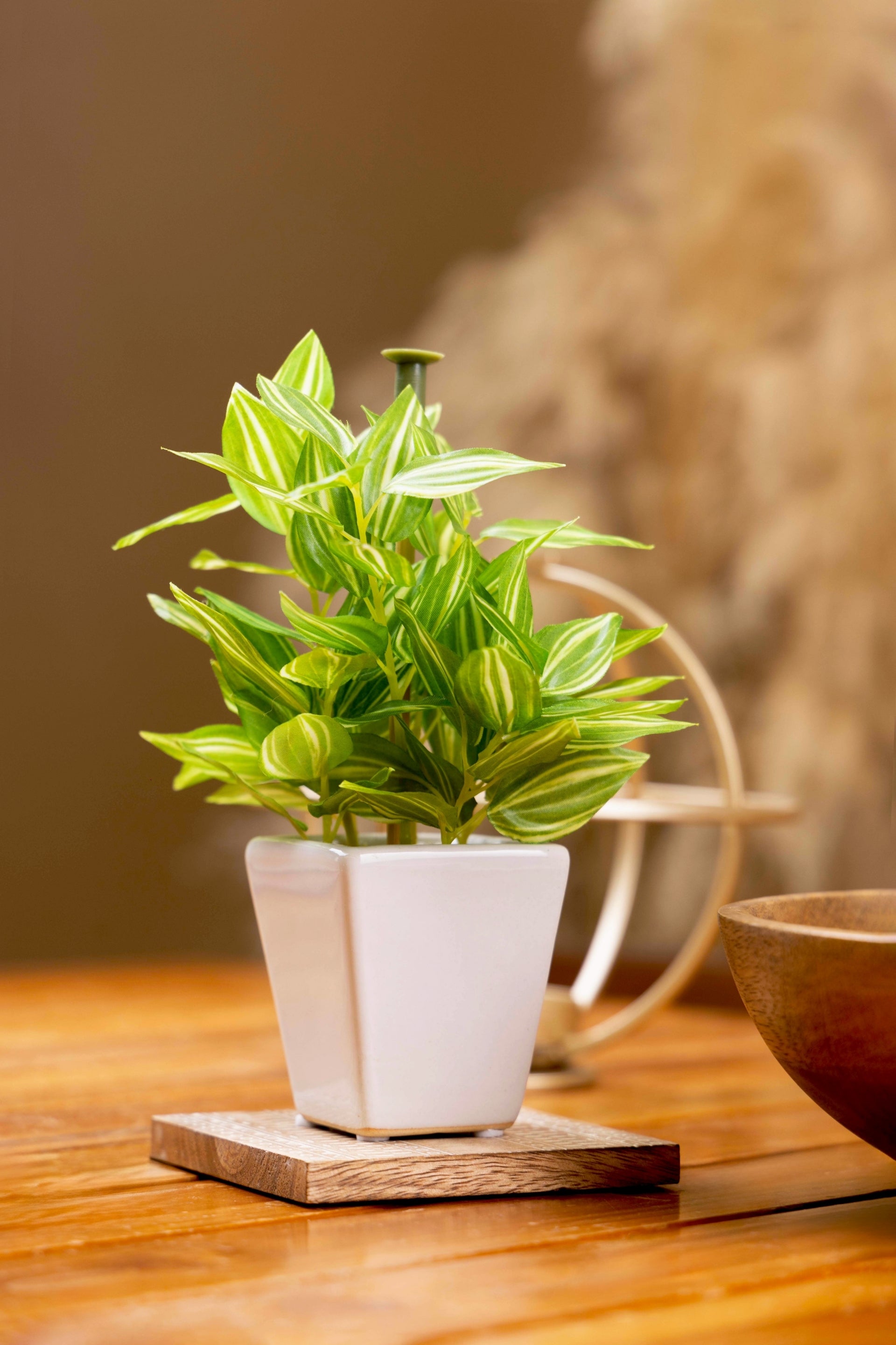 Pollination Artificial White Green Bonsai Plant With Pot (COIN)
