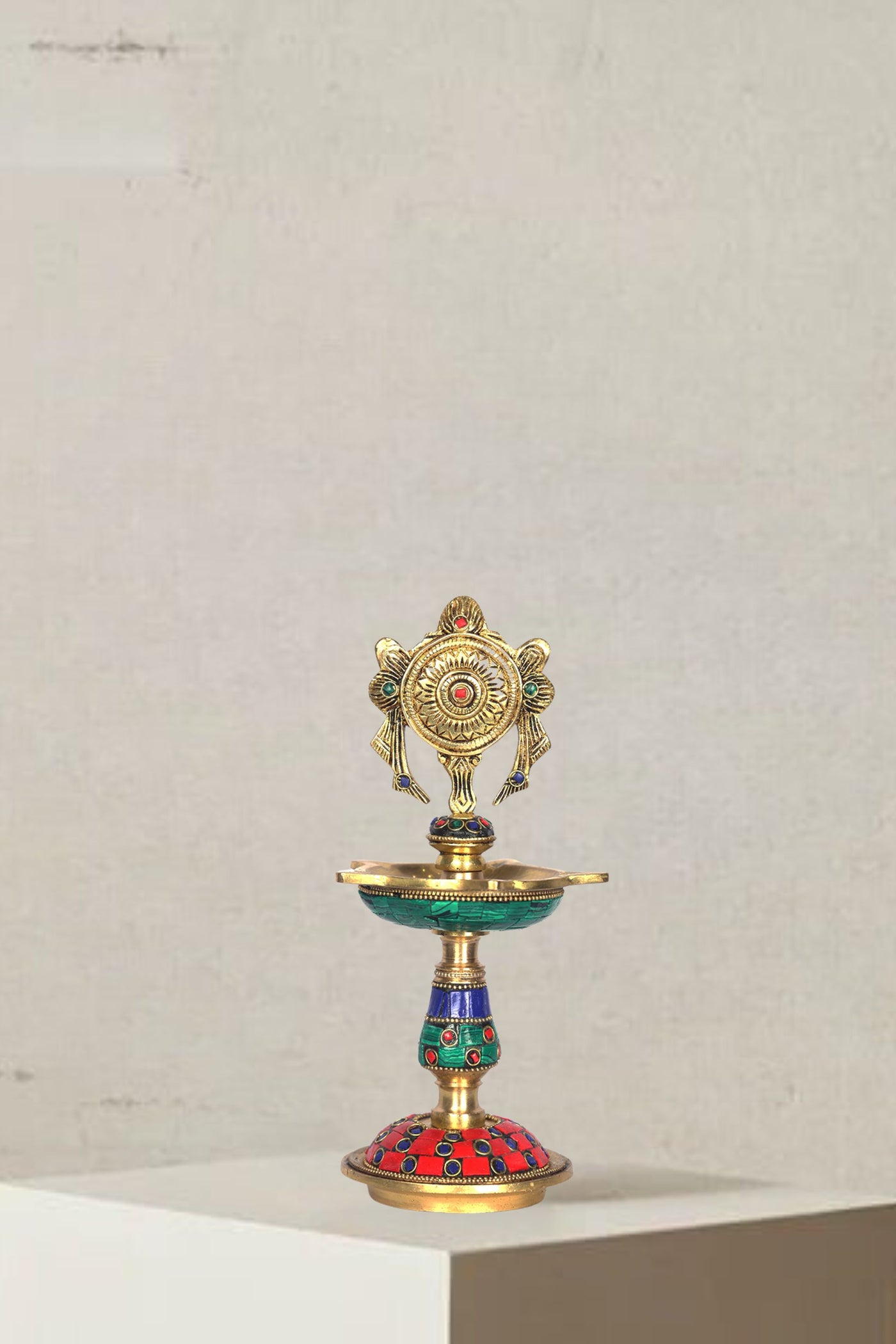 PolliNation Brass Oil Lamp with Sun Motif and Vibrant Accents