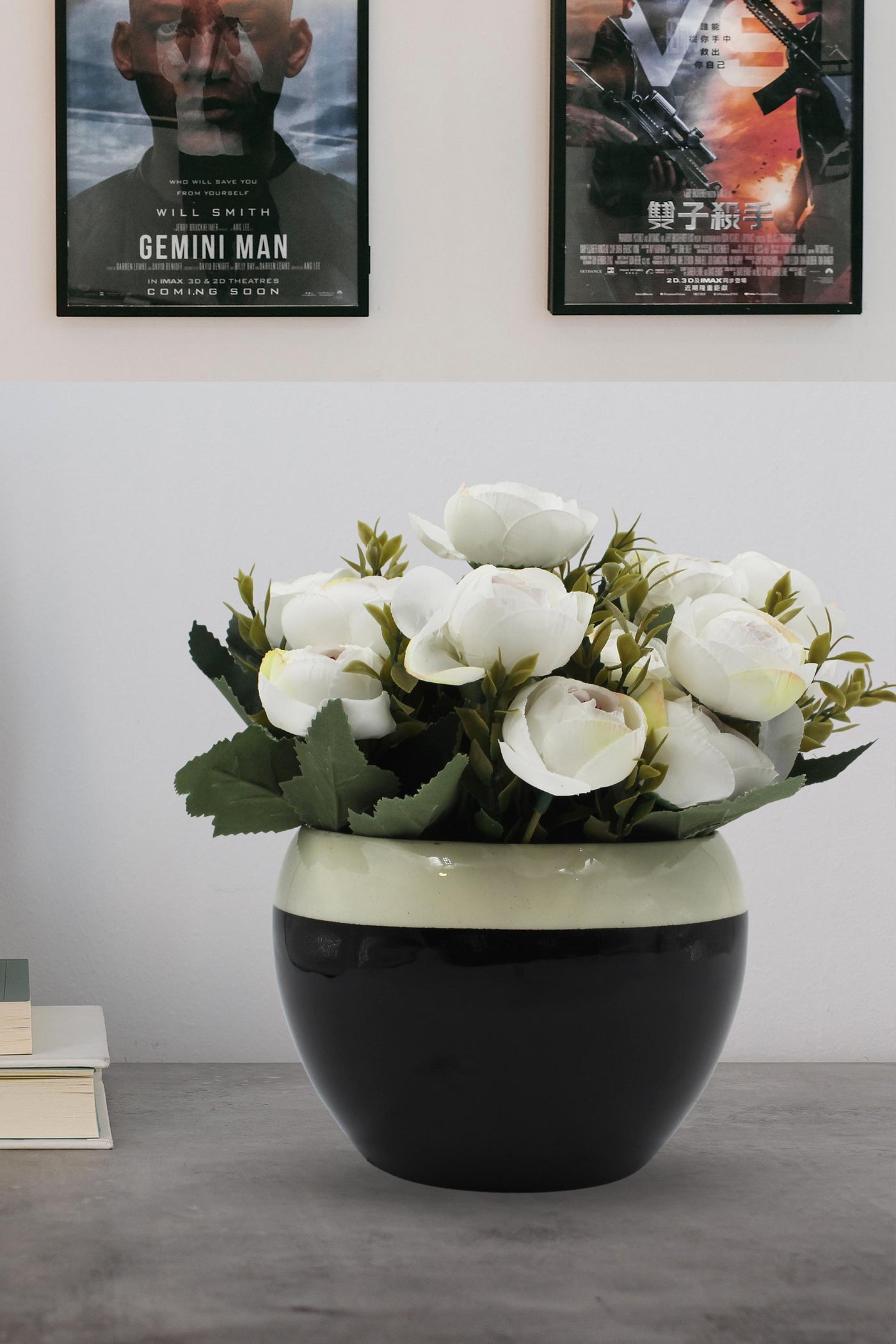 Goldie's for oldies! Artificial Flowers in Black & White Metal Vase