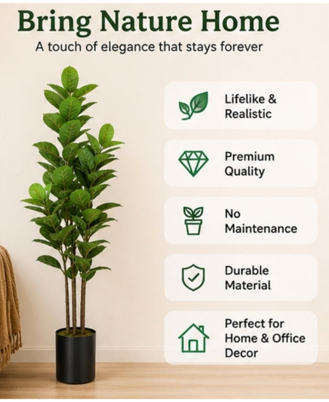 Premium Faux Rubber Green Plant with Pot - 6FT
