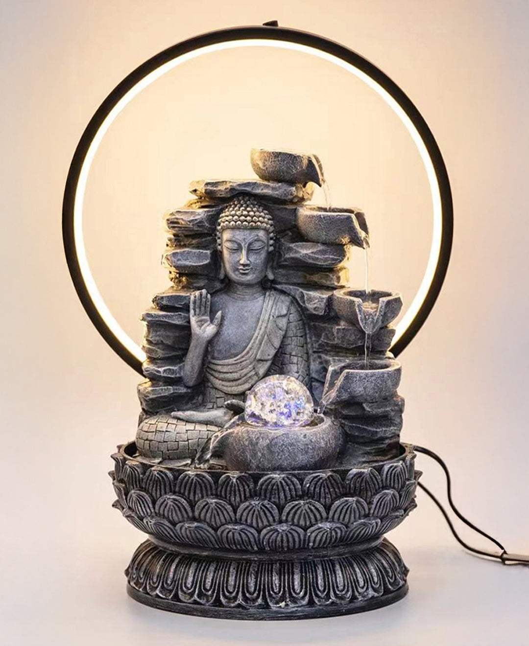 Buddha with a Radiant Halo Tabletop Water Fountain LED Lights