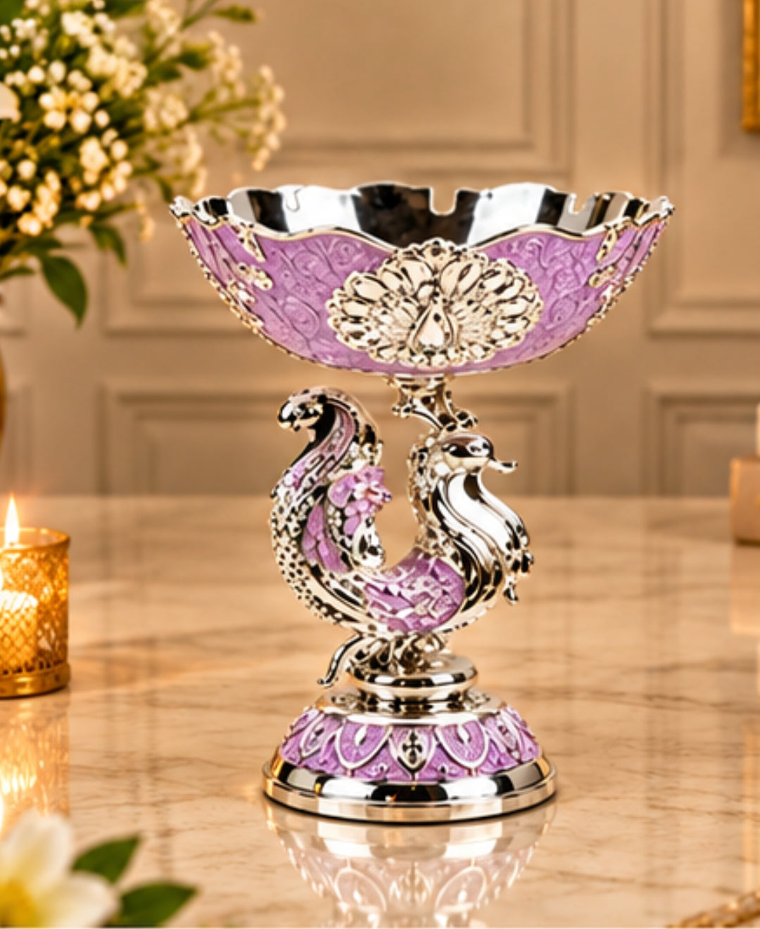 German Silver Peacock Pedestal Bowl – Lilac Pink Enamel