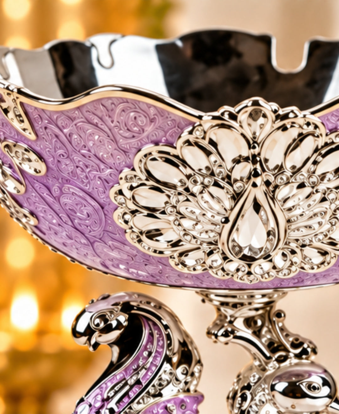 German Silver Peacock Pedestal Bowl – Lilac Pink Enamel