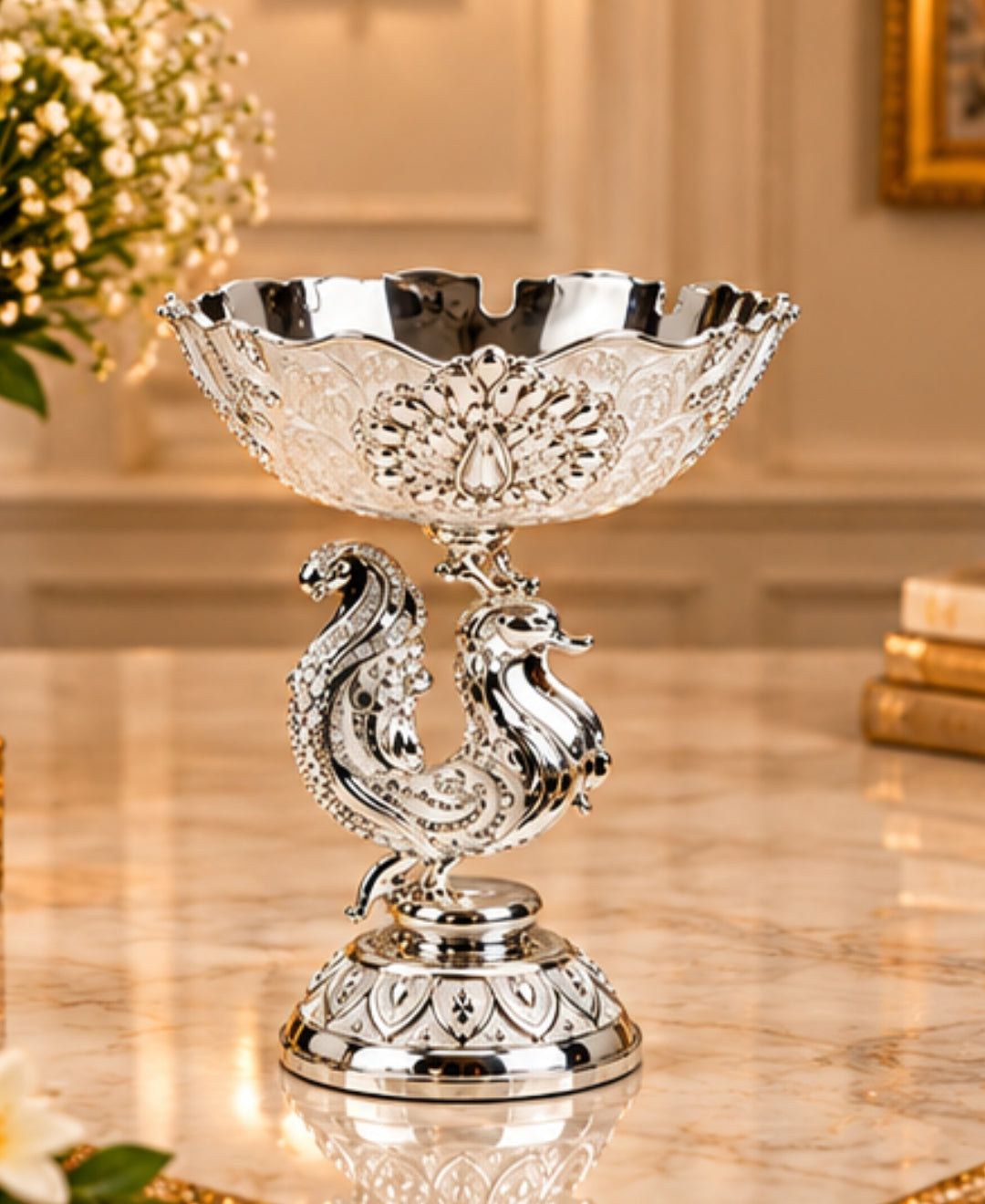 German Silver Peacock Pedestal Bowl –Pearl White Enamel