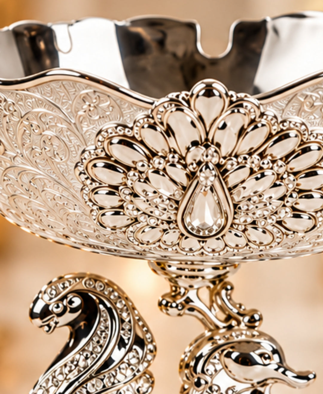 German Silver Peacock Pedestal Bowl –Pearl White Enamel