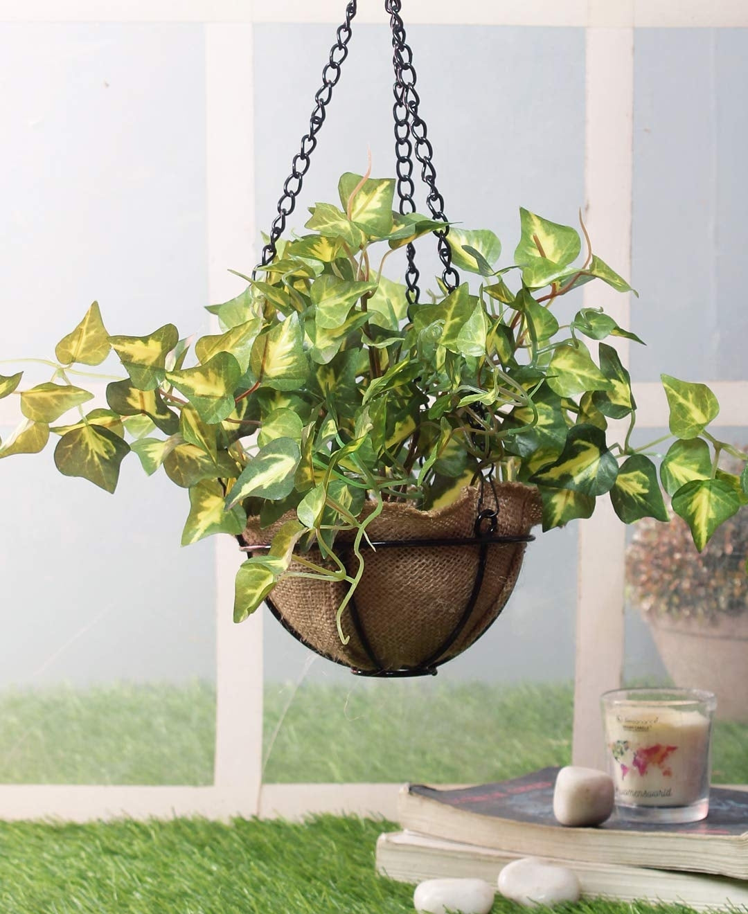 PolliNation Alluring Maple Artificial Hanging Flower Creeper plant in Jute Basket with Hanging Metal Stand (Pack of 1)
