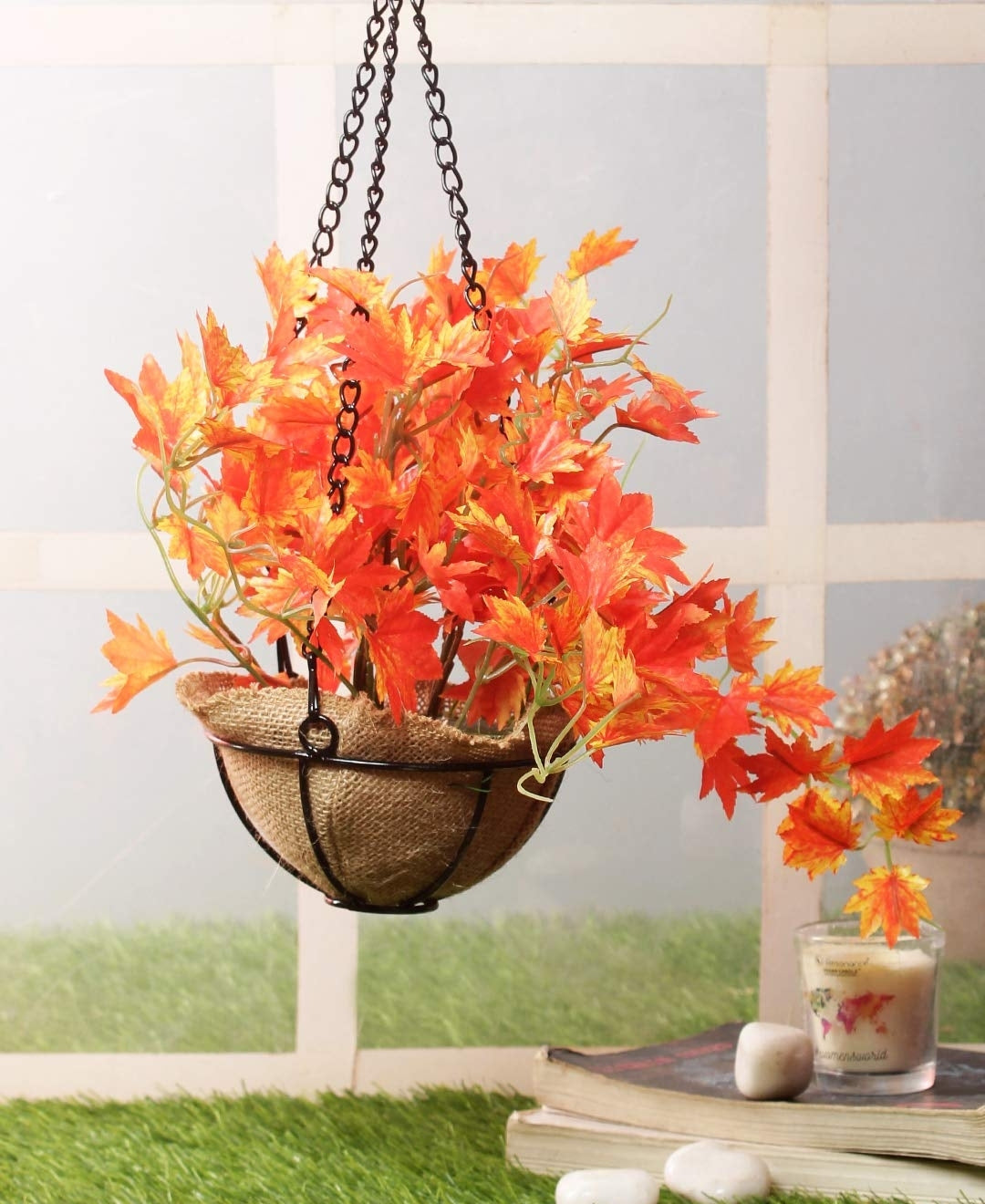 PolliNation Alluring Maple Artificial Hanging Flower Creeper plant in Jute Basket with Hanging Metal Stand (Pack of 1)