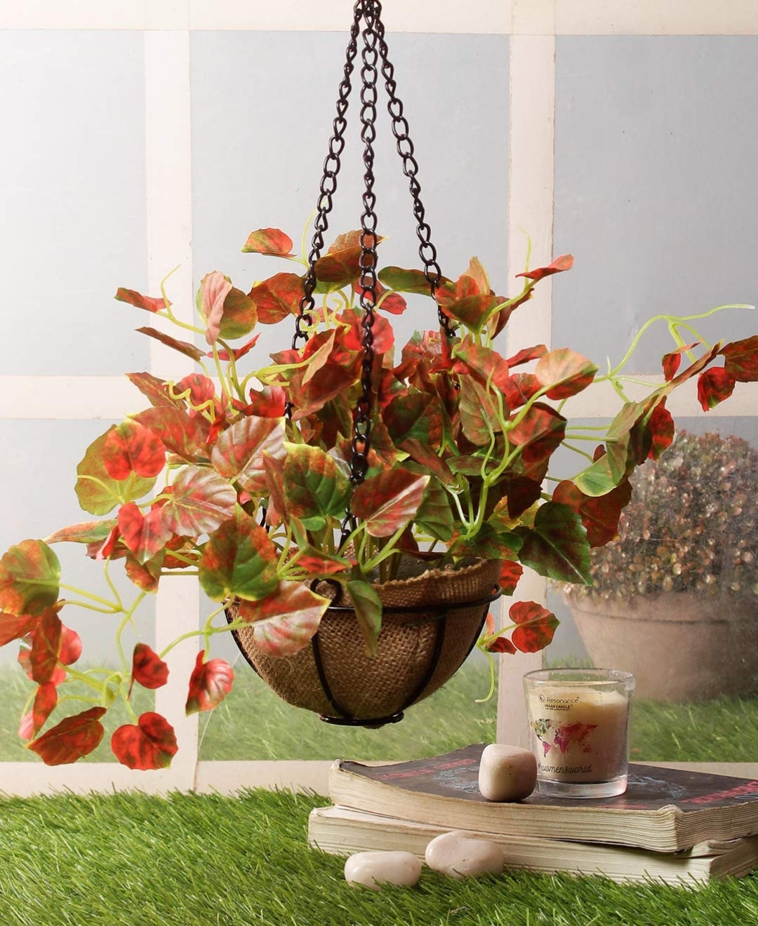 PolliNation Alluring Maple Artificial Hanging Flower Creeper plant in Jute Basket with Hanging Metal Stand (Pack of 1)