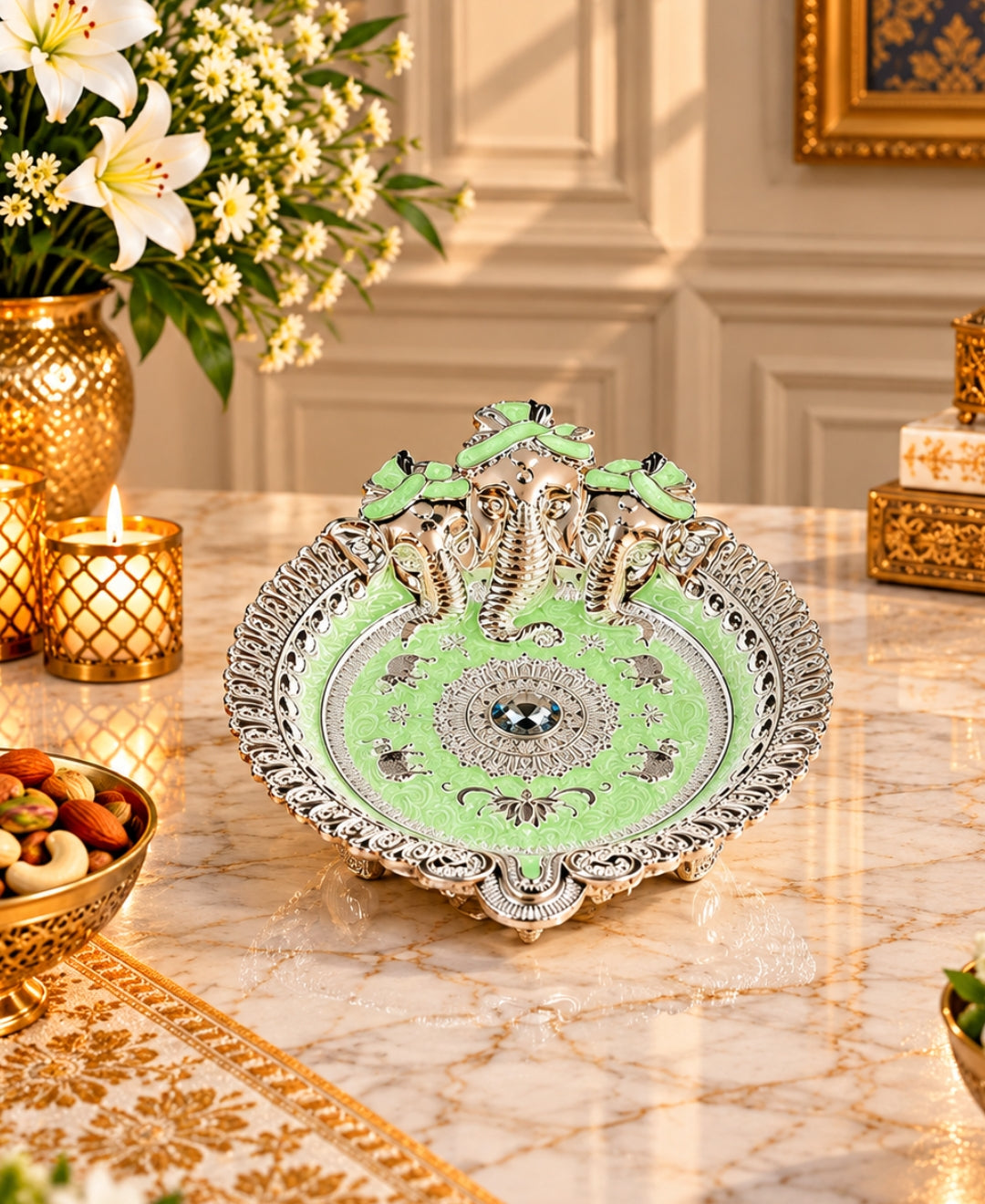 German Silver Ganesha Tray – Mint Green Enamel