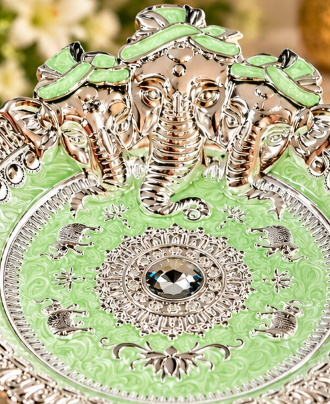 German Silver Ganesha Tray – Mint Green Enamel