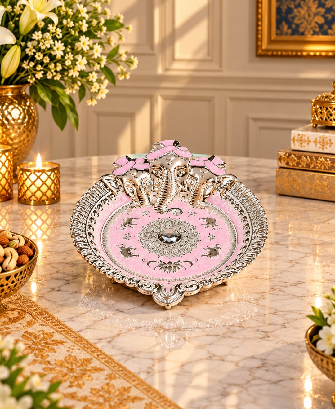 German Silver Ganesha Tray – Lilac Pink Enamel