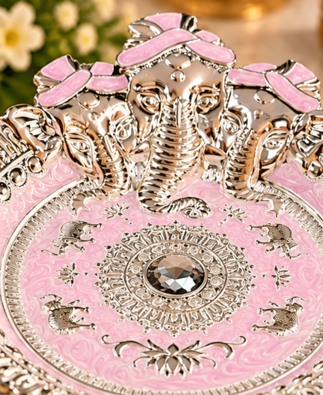 German Silver Ganesha Tray – Lilac Pink Enamel