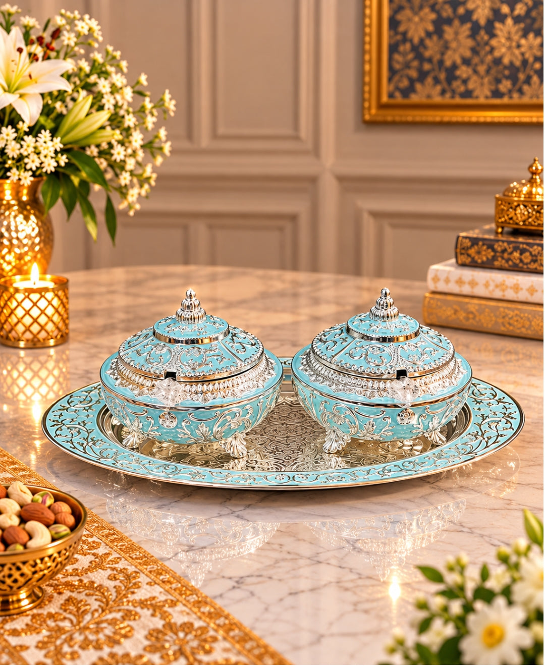 German Silver Mehfil Twin Bowl Platter (Set of 3) – Turquoise Blue Enamel Oval Tray with 2 Lidded Bowls