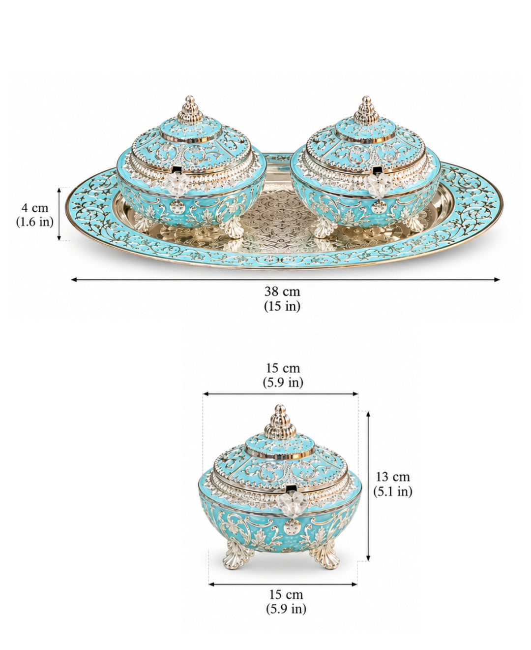 German Silver Mehfil Twin Bowl Platter (Set of 3) – Turquoise Blue Enamel Oval Tray with 2 Lidded Bowls
