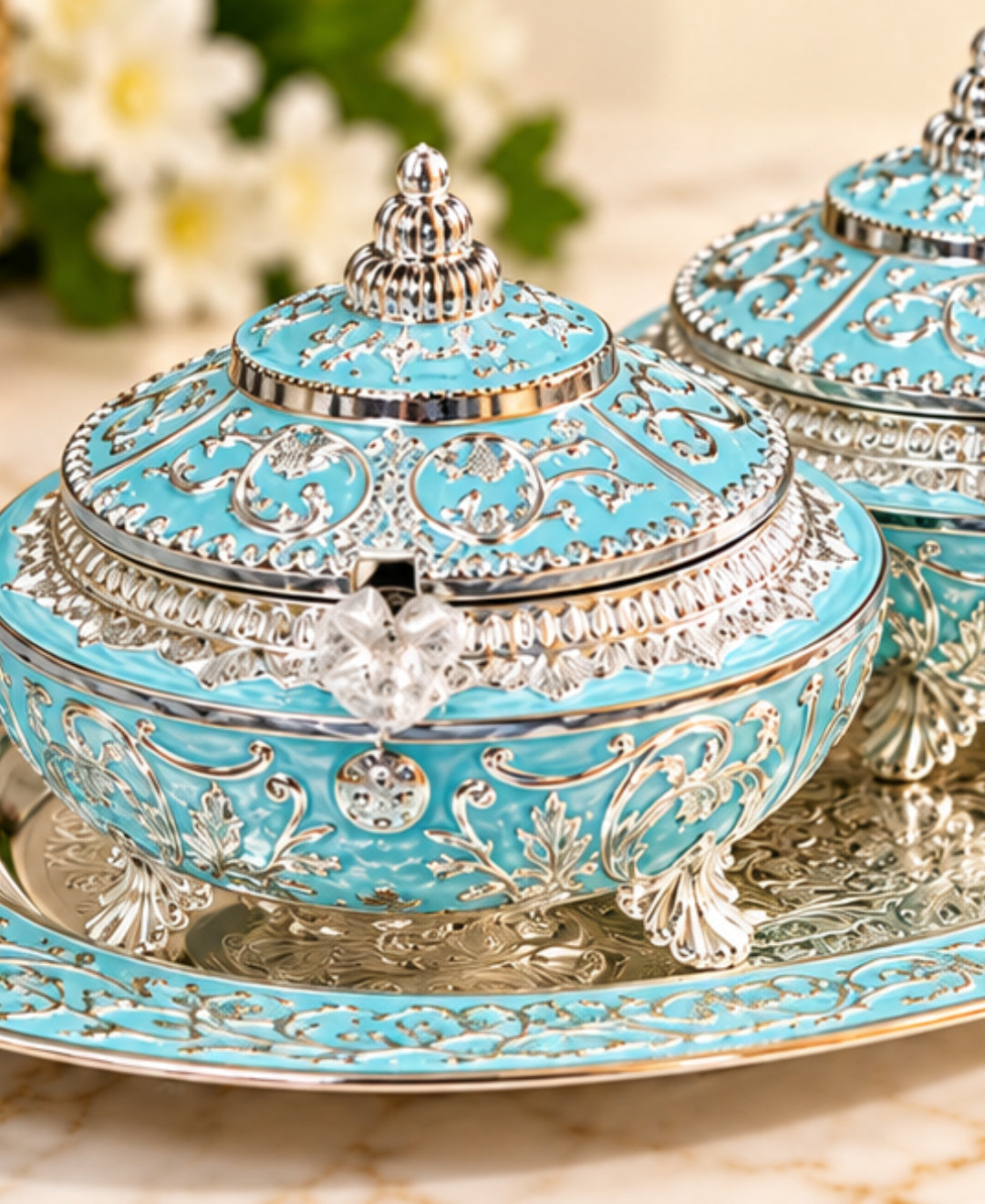 German Silver Mehfil Twin Bowl Platter (Set of 3) – Turquoise Blue Enamel Oval Tray with 2 Lidded Bowls