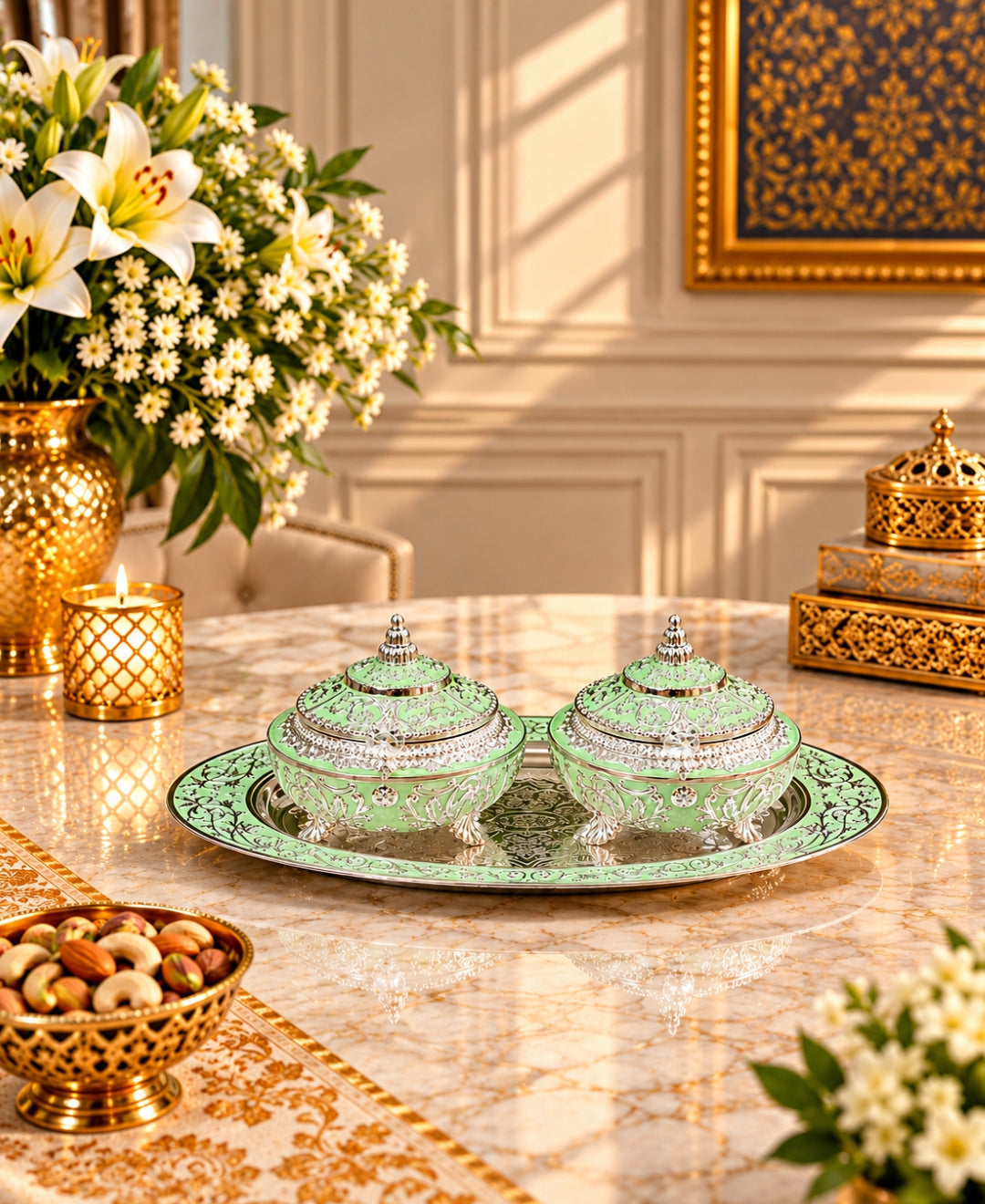 German Silver Mehfil Twin Bowl Platter (Set of 3) – Mint Green Enamel Oval Tray with 2 Lidded Bowls