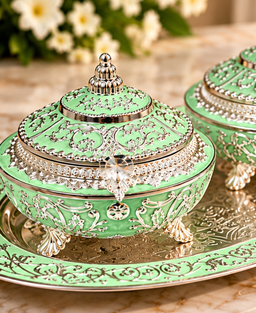 German Silver Mehfil Twin Bowl Platter (Set of 3) – Mint Green Enamel Oval Tray with 2 Lidded Bowls