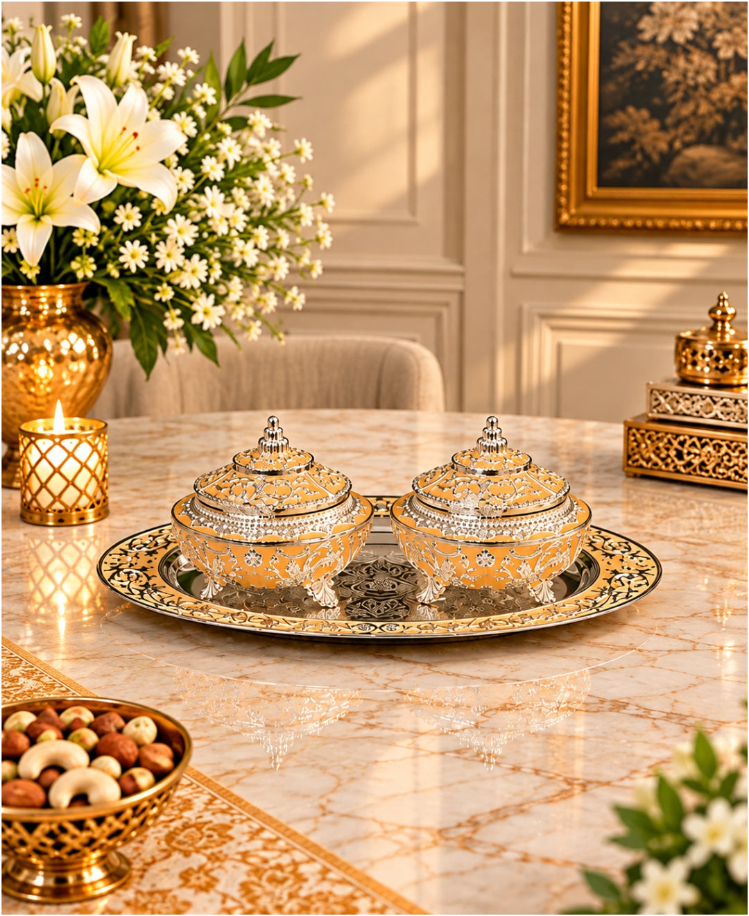 German Silver Mehfil Twin Bowl Platter (Set of 3) – Saffron Orange Enamel Oval Tray with 2 Lidded Bowls