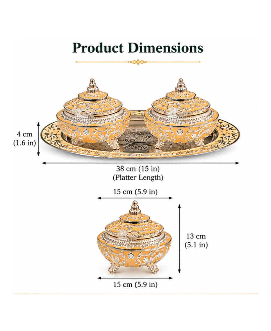 German Silver Mehfil Twin Bowl Platter (Set of 3) – Saffron Orange Enamel Oval Tray with 2 Lidded Bowls