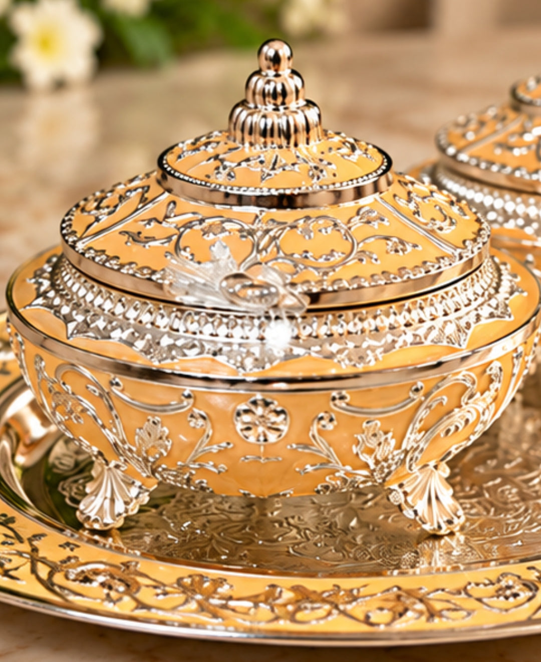 German Silver Mehfil Twin Bowl Platter (Set of 3) – Saffron Orange Enamel Oval Tray with 2 Lidded Bowls