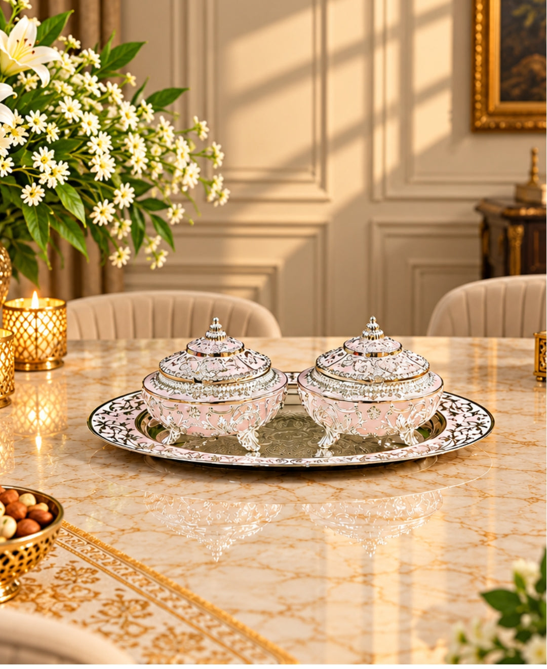 German Silver Mehfil Twin Bowl Platter (Set of 3) – Lilac Pink Enamel Oval Tray with 2 Lidded Bowls