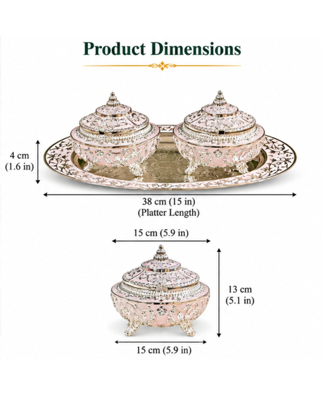 German Silver Mehfil Twin Bowl Platter (Set of 3) – Lilac Pink Enamel Oval Tray with 2 Lidded Bowls