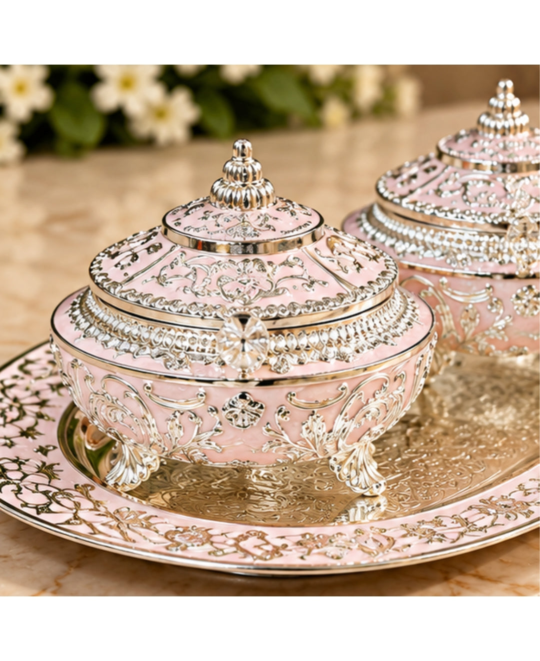 German Silver Mehfil Twin Bowl Platter (Set of 3) – Lilac Pink Enamel Oval Tray with 2 Lidded Bowls