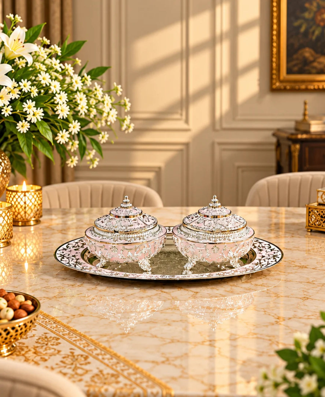 German Silver Mehfil Twin Bowl Platter (Set of 3) – Pearl White Enamel Oval Tray with 2 Lidded Bowls