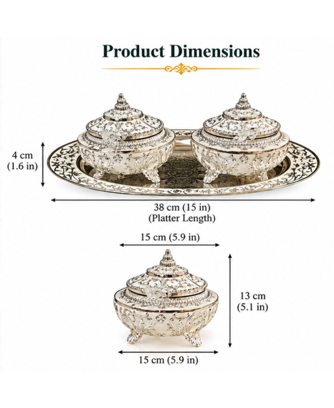 German Silver Mehfil Twin Bowl Platter (Set of 3) – Pearl White Enamel Oval Tray with 2 Lidded Bowls