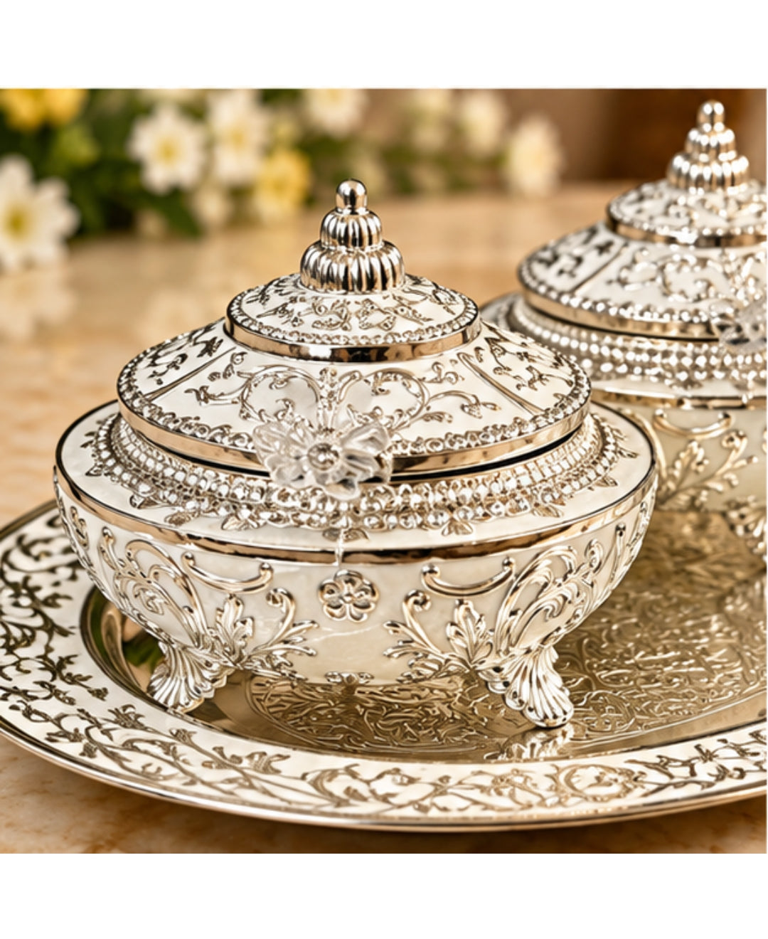 German Silver Mehfil Twin Bowl Platter (Set of 3) – Pearl White Enamel Oval Tray with 2 Lidded Bowls