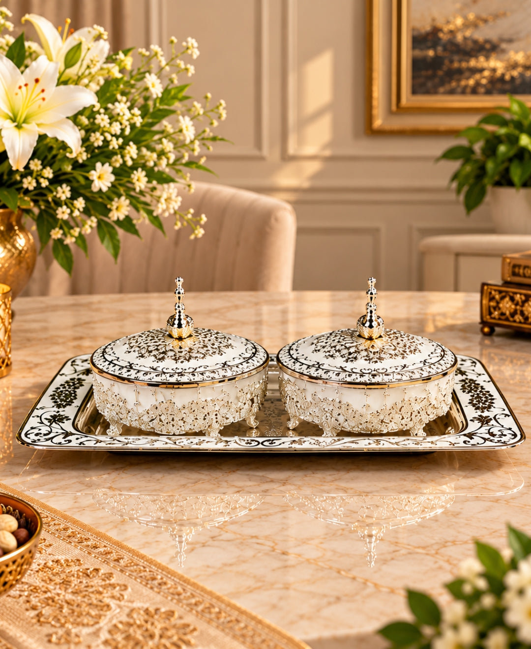 German Silver Serving Set of 3 – Pearl White Enamel Rectangular Tray with 2 Lidded Bowls