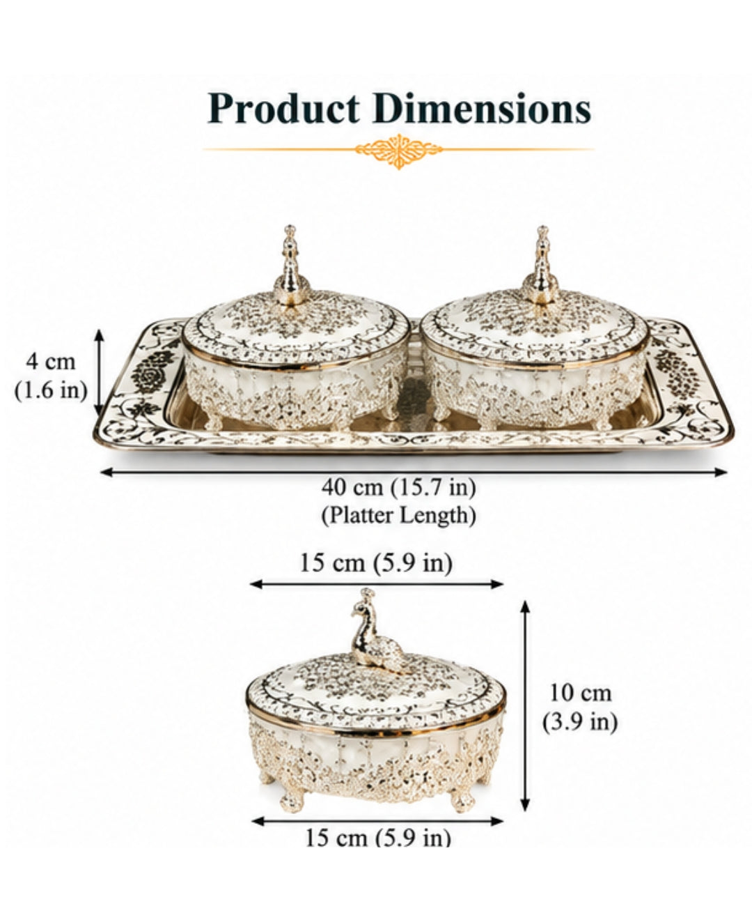 German Silver Serving Set of 3 – Pearl White Enamel Rectangular Tray with 2 Lidded Bowls