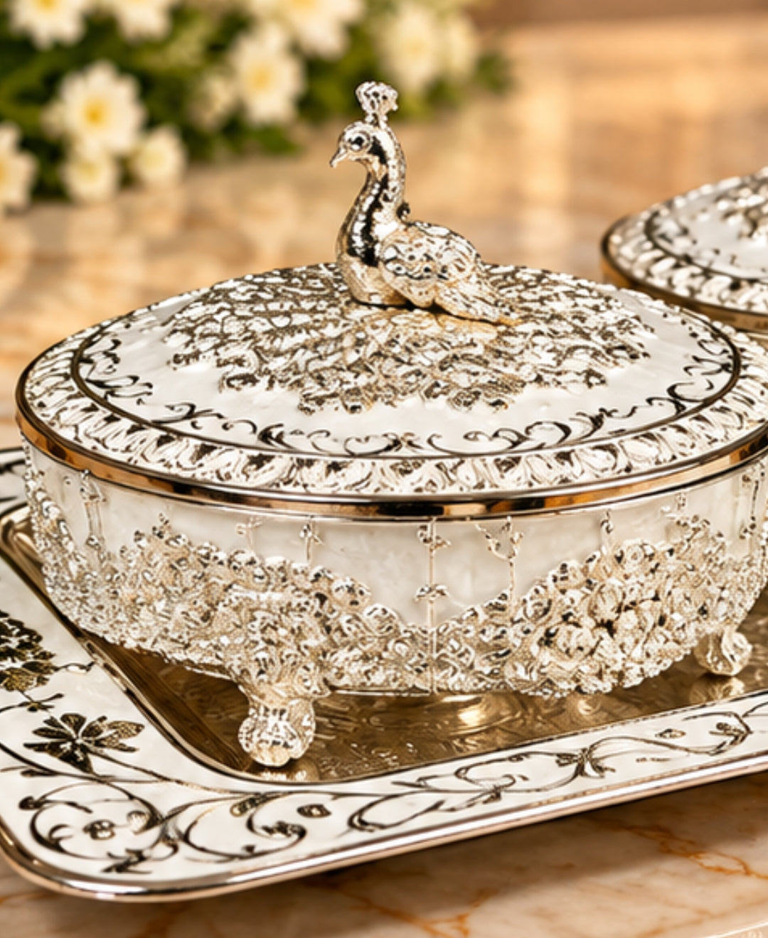 German Silver Serving Set of 3 – Pearl White Enamel Rectangular Tray with 2 Lidded Bowls