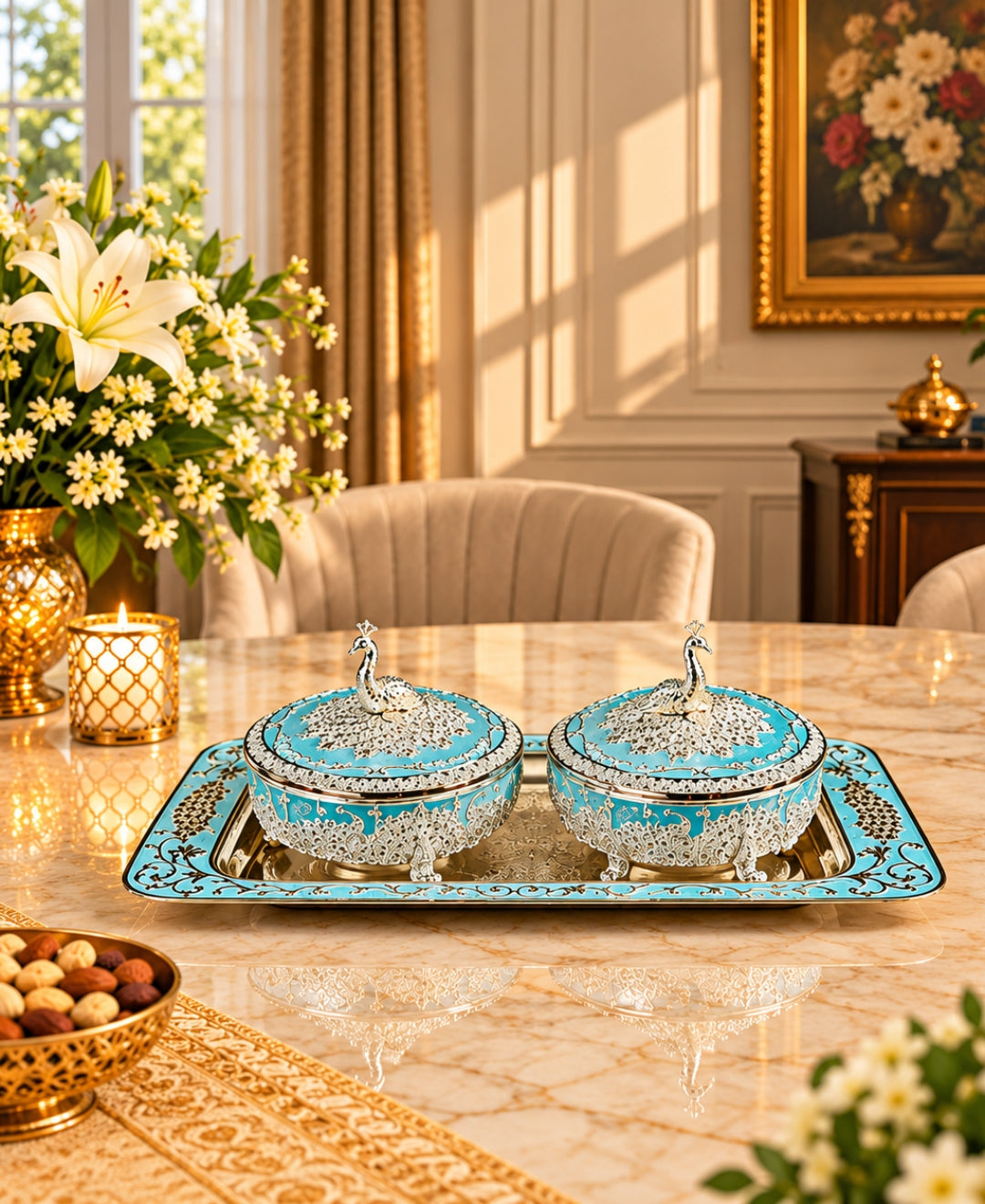 German Silver Mayur Darbar Platter (Set of 3) – Turquoise Blue Enamel Rectangular Tray with 2 Lidded Bowls