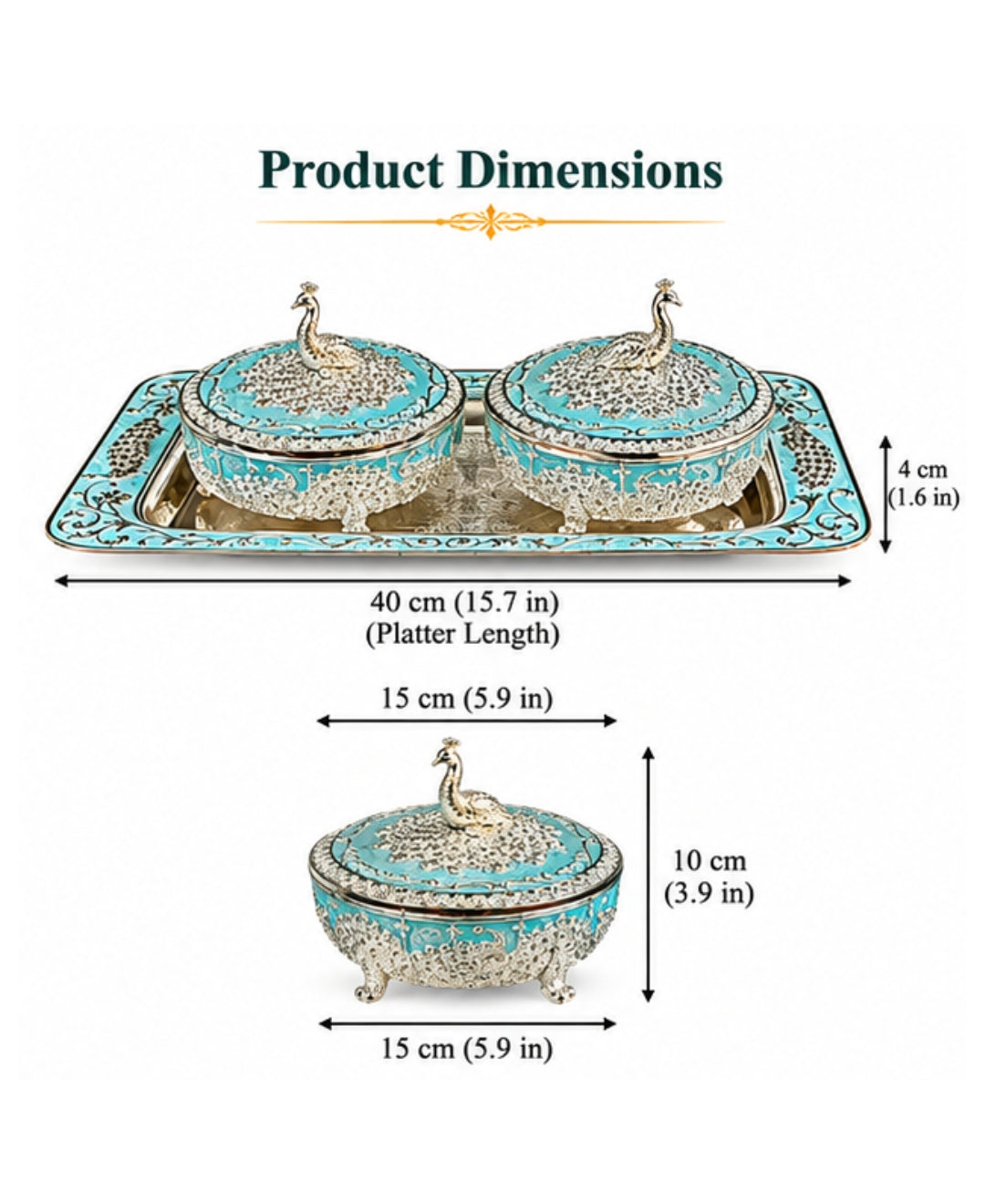 German Silver Mayur Darbar Platter (Set of 3) – Turquoise Blue Enamel Rectangular Tray with 2 Lidded Bowls