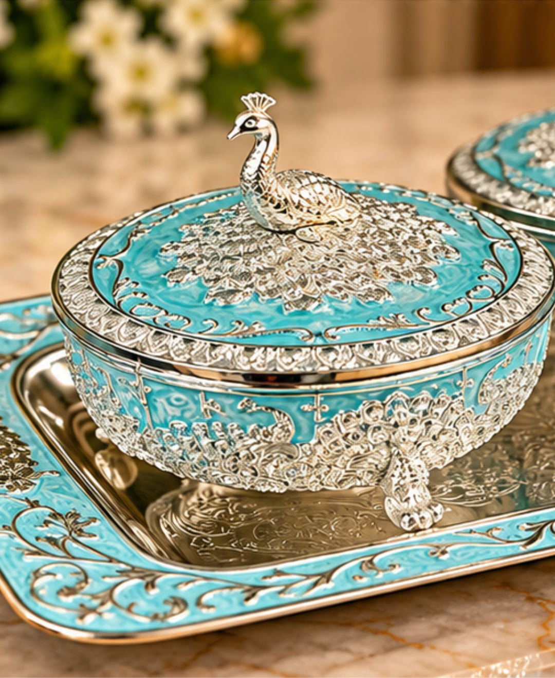 German Silver Mayur Darbar Platter (Set of 3) – Turquoise Blue Enamel Rectangular Tray with 2 Lidded Bowls
