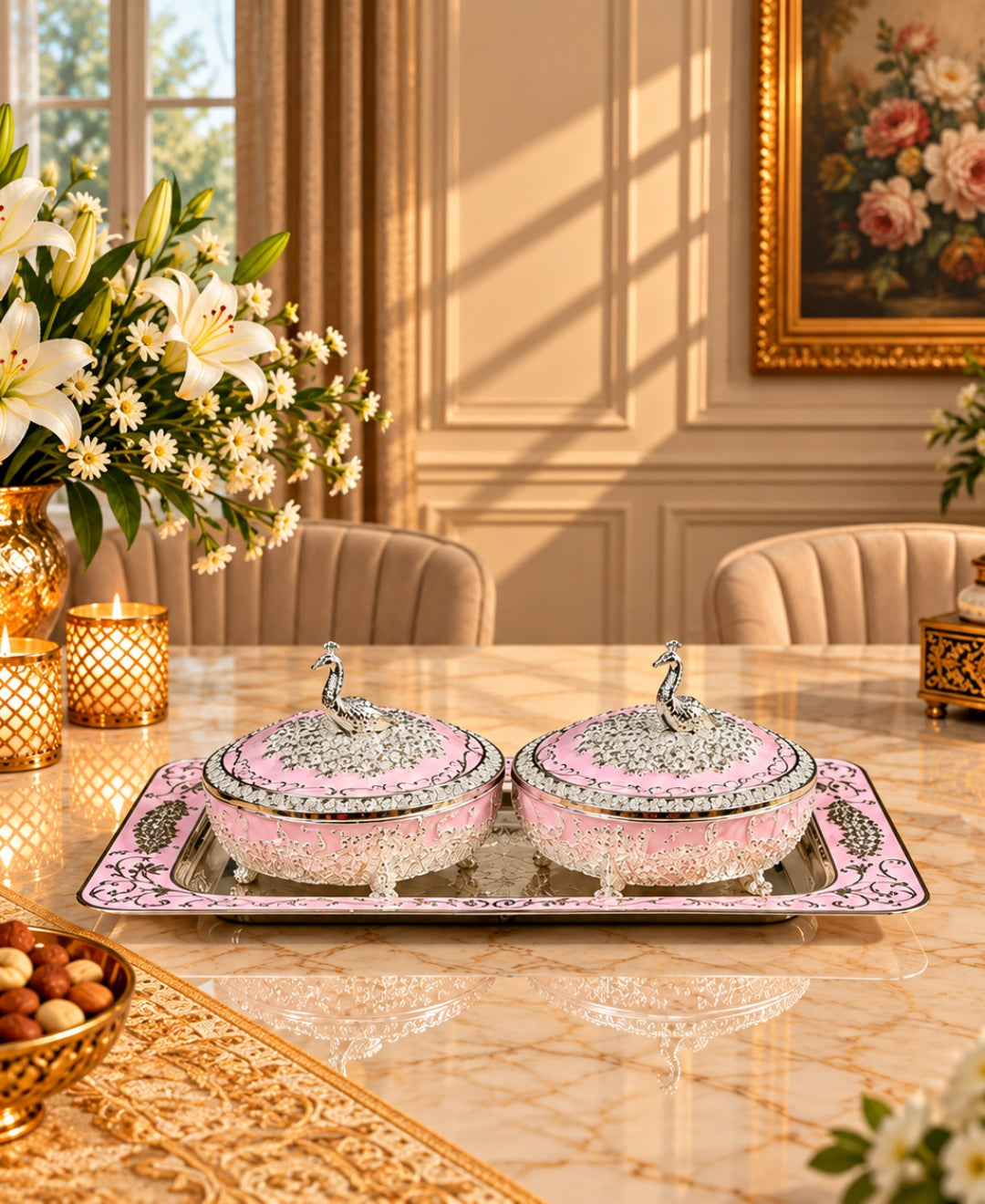 German Silver Mayur Darbar Platter (Set of 3) – Lilac Pink Enamel Rectangular Tray with 2 Lidded Bowls