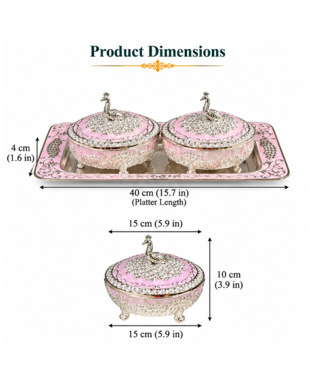 German Silver Mayur Darbar Platter (Set of 3) – Lilac Pink Enamel Rectangular Tray with 2 Lidded Bowls