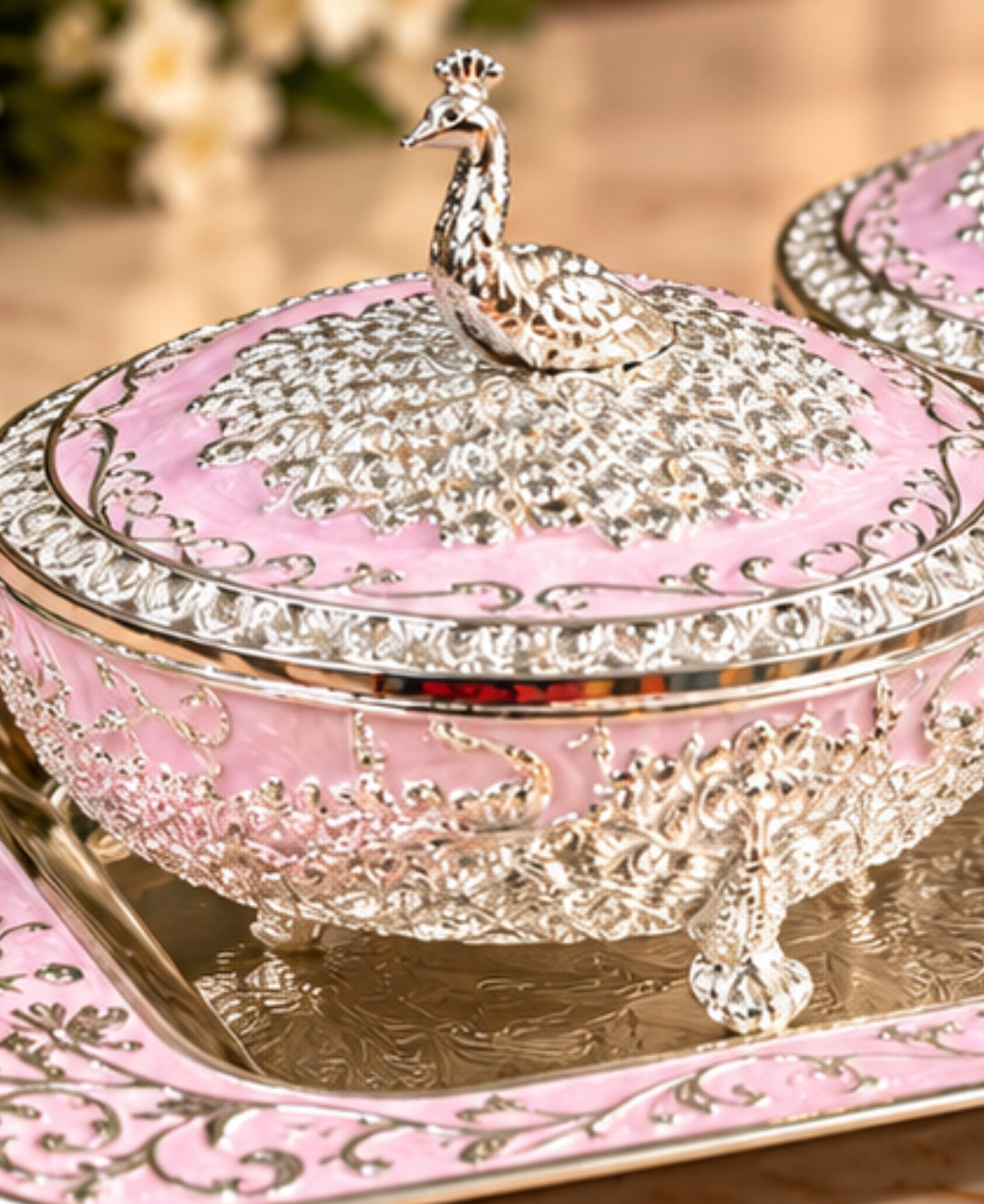 German Silver Mayur Darbar Platter (Set of 3) – Lilac Pink Enamel Rectangular Tray with 2 Lidded Bowls