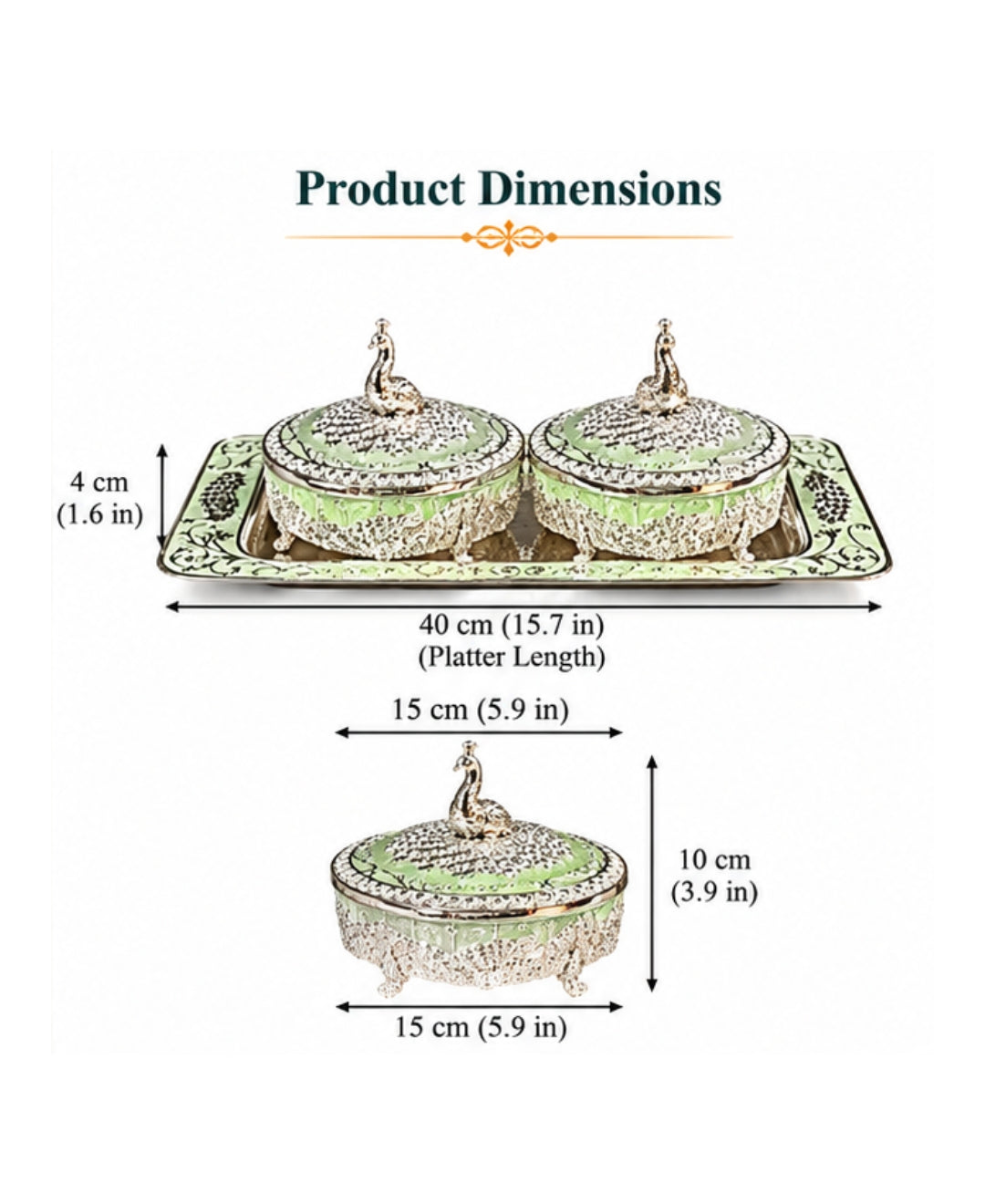 German Silver Mayur Darbar Platter (Set of 3) – Mint Green Enamel Rectangular Tray with 2 Lidded Bowls
