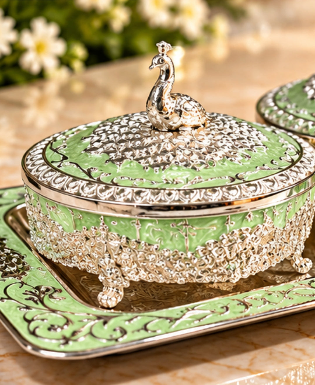 German Silver Mayur Darbar Platter (Set of 3) – Mint Green Enamel Rectangular Tray with 2 Lidded Bowls