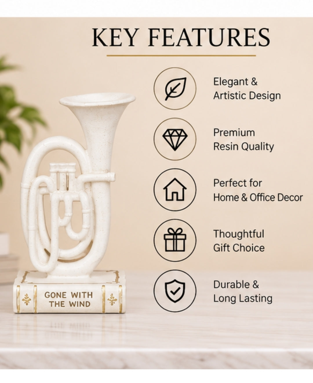Modern Musical Horn Sculpture Resin Artifact