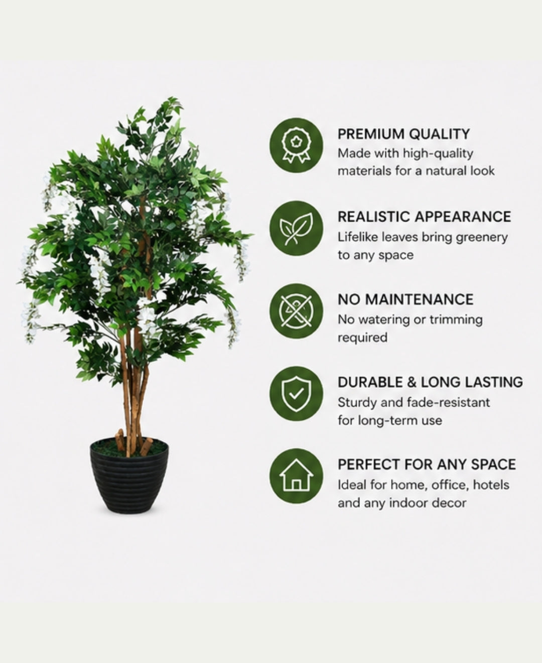 Premium Artificial White Wisteria Flowering Tree without Pot - 6FT