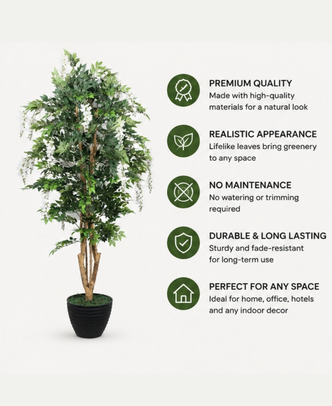 Premium Artificial White Wisteria Flowering Tree Without Pot - 7FT