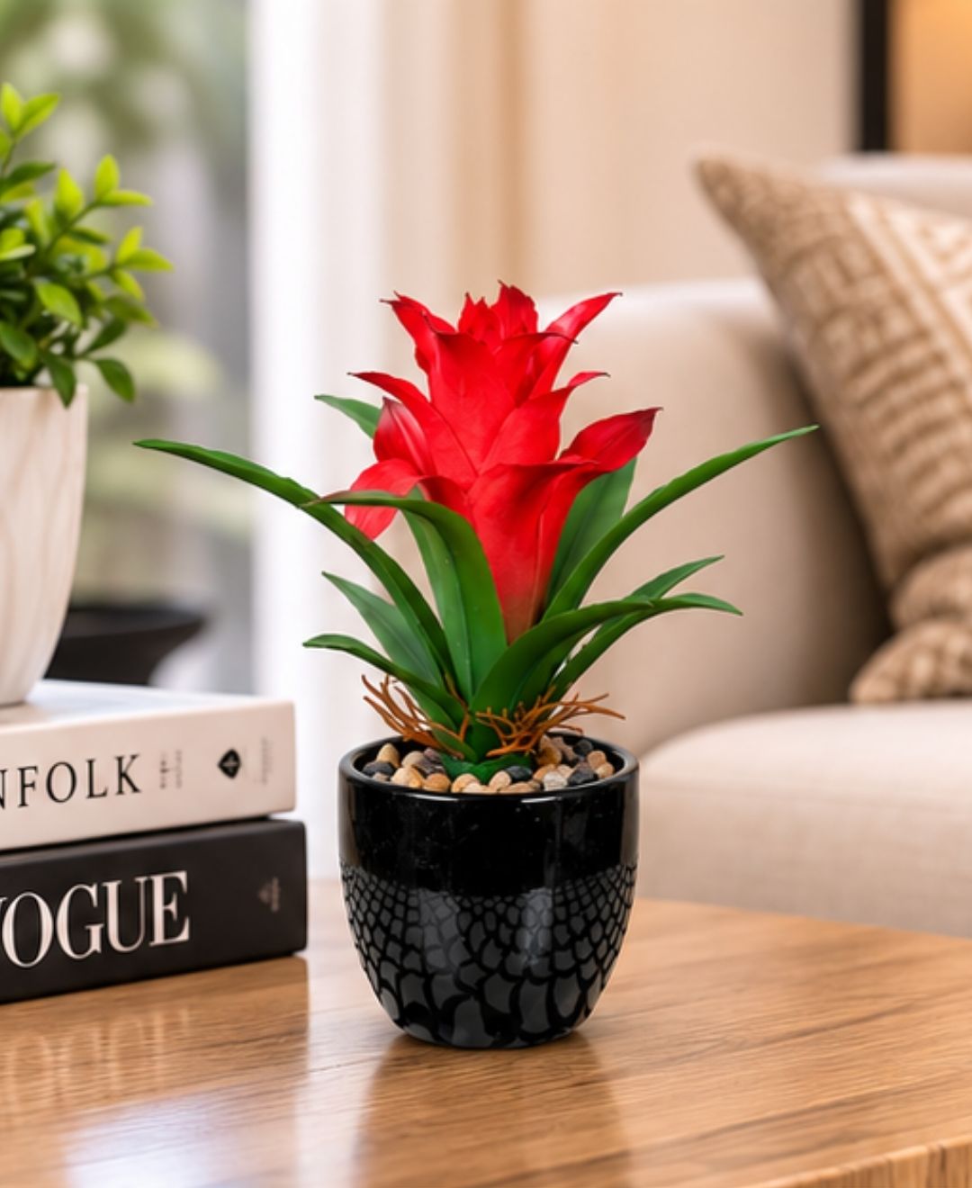 Mini Artificial Red Green Bromeliad Without Pot