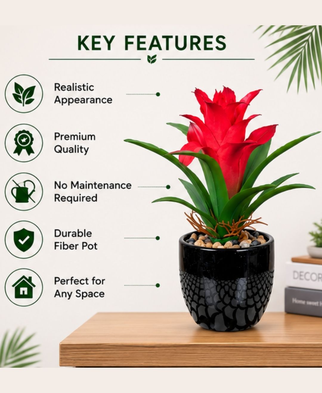 Mini Artificial Red Green Bromeliad Without Pot