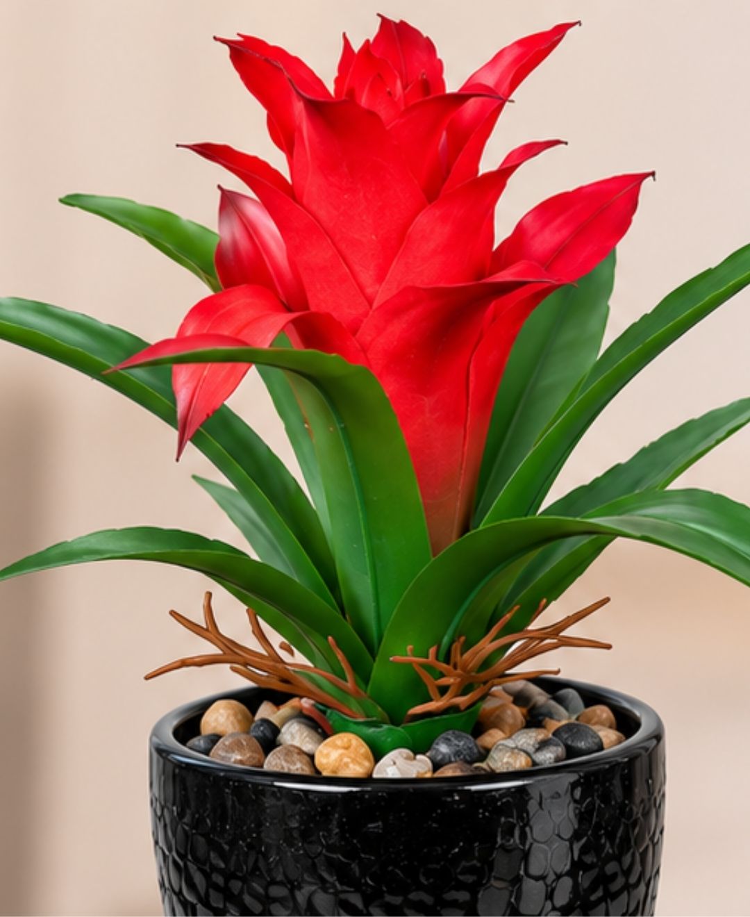 Mini Artificial Red Green Bromeliad Without Pot