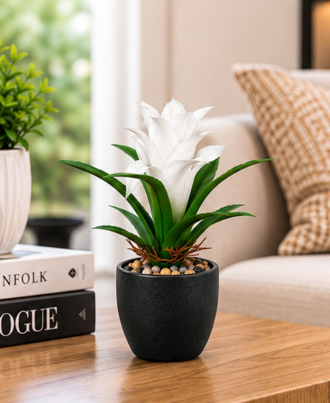 Mini Artificial White Green Bromeliad Without Pot