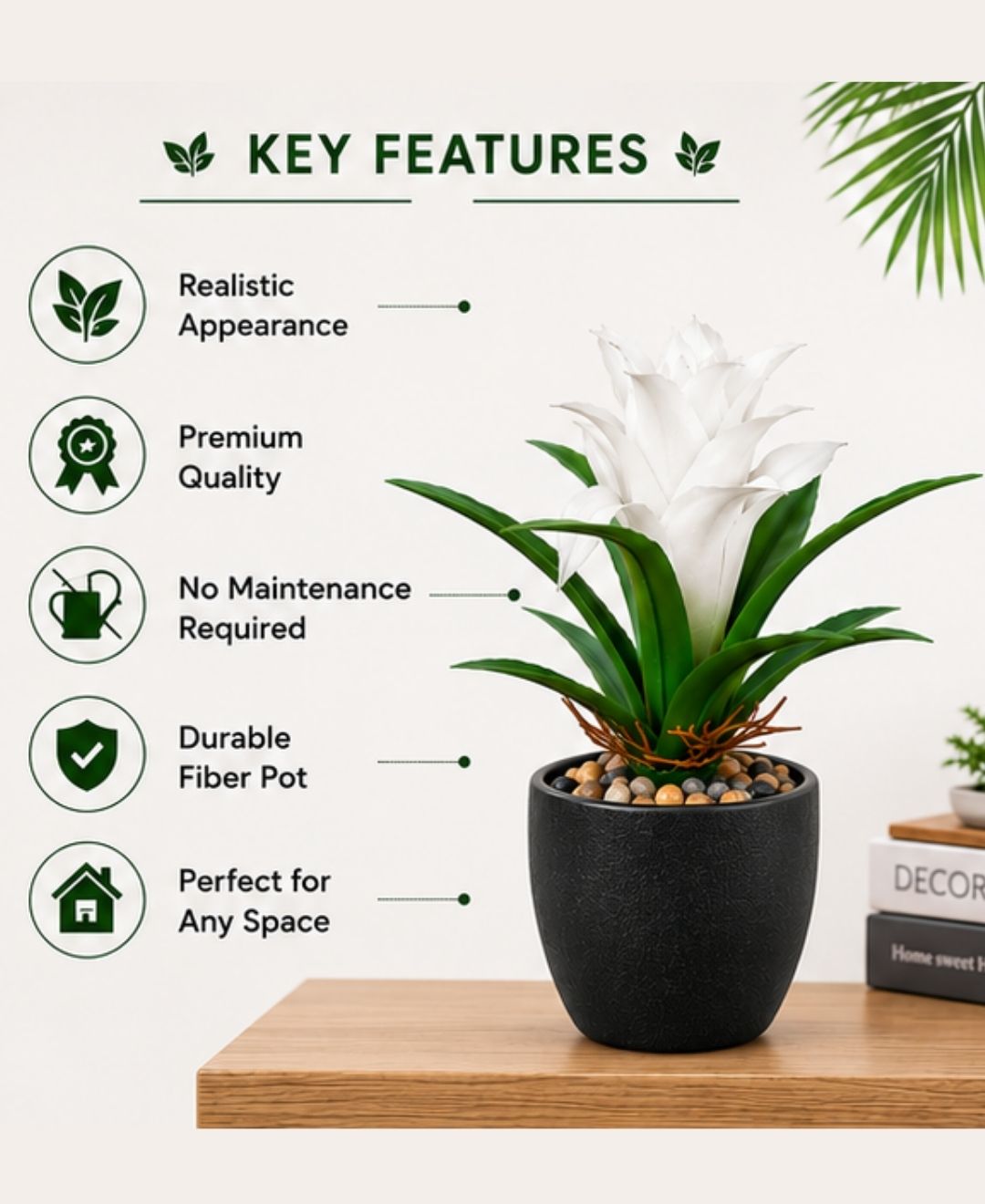 Mini Artificial White Green Bromeliad Without Pot