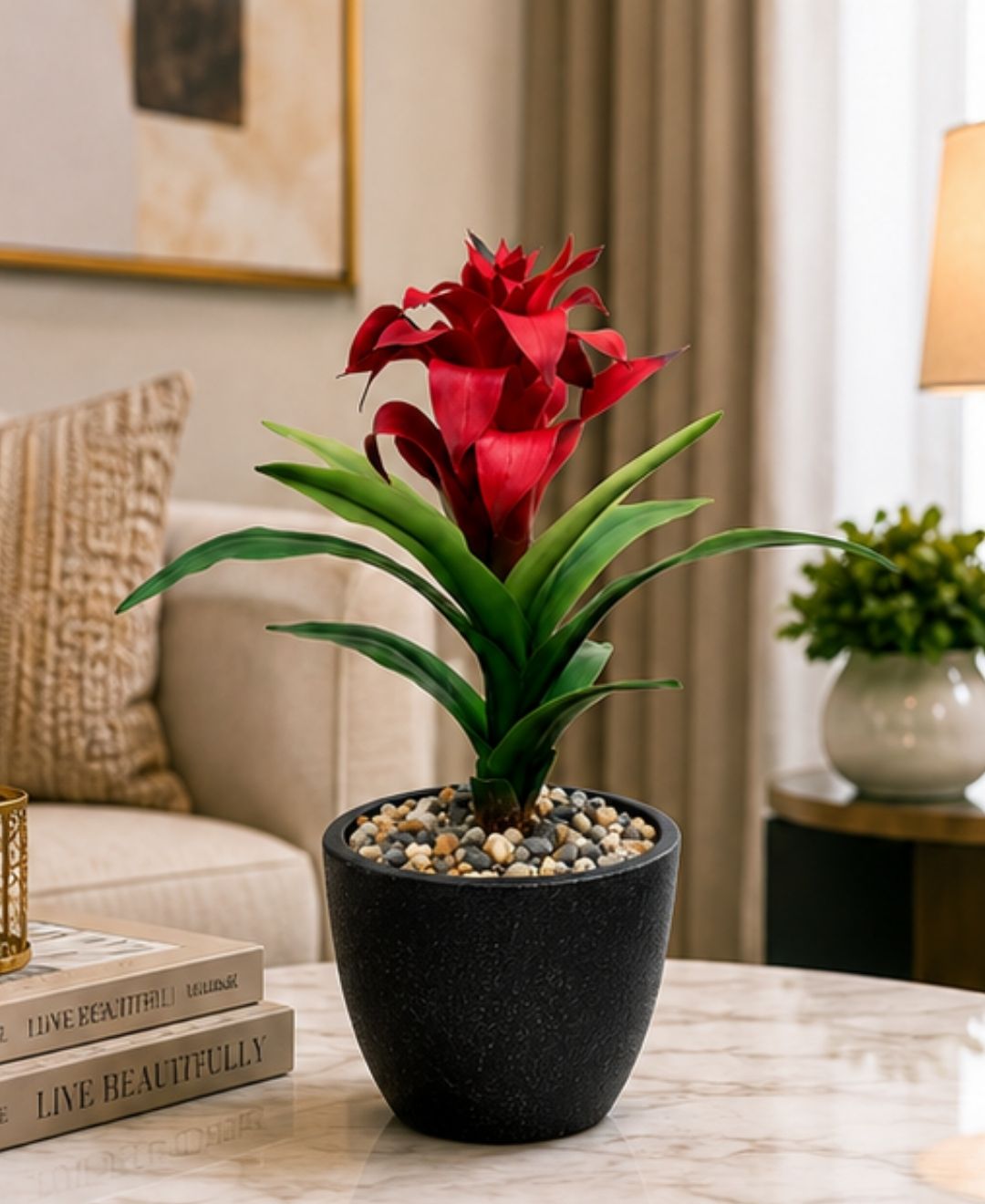 Medium Artificial Red Green Bromeliad Without Pot